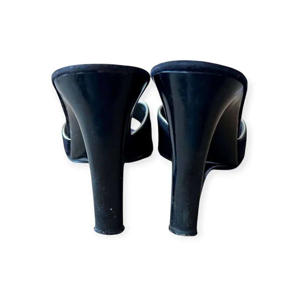 Andrew Geller Black Suede Gold‎ Trim Cutout Wededge Sandals, Vintage,
